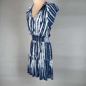 Rails Tie Dye Stripe Tiered Mini Dress XS Navy White V Neck Smocked Waist